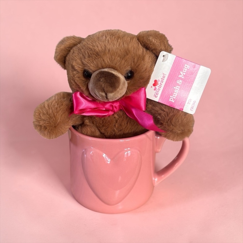 Plush Teddy Bear & Pink Heart Mug Gift Set – Attached w/ Tag